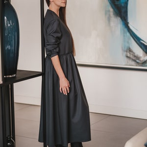 Winter maxi dress with long sleeves, Elegant v neck dress for office, Button front modest dress with pockets image 4