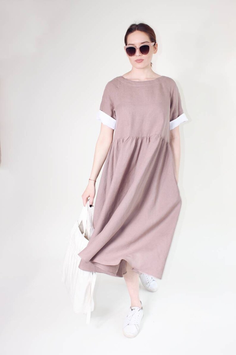 Summer smock linen dress, Casual summer midi dress, Everyday dress with pockets image 9