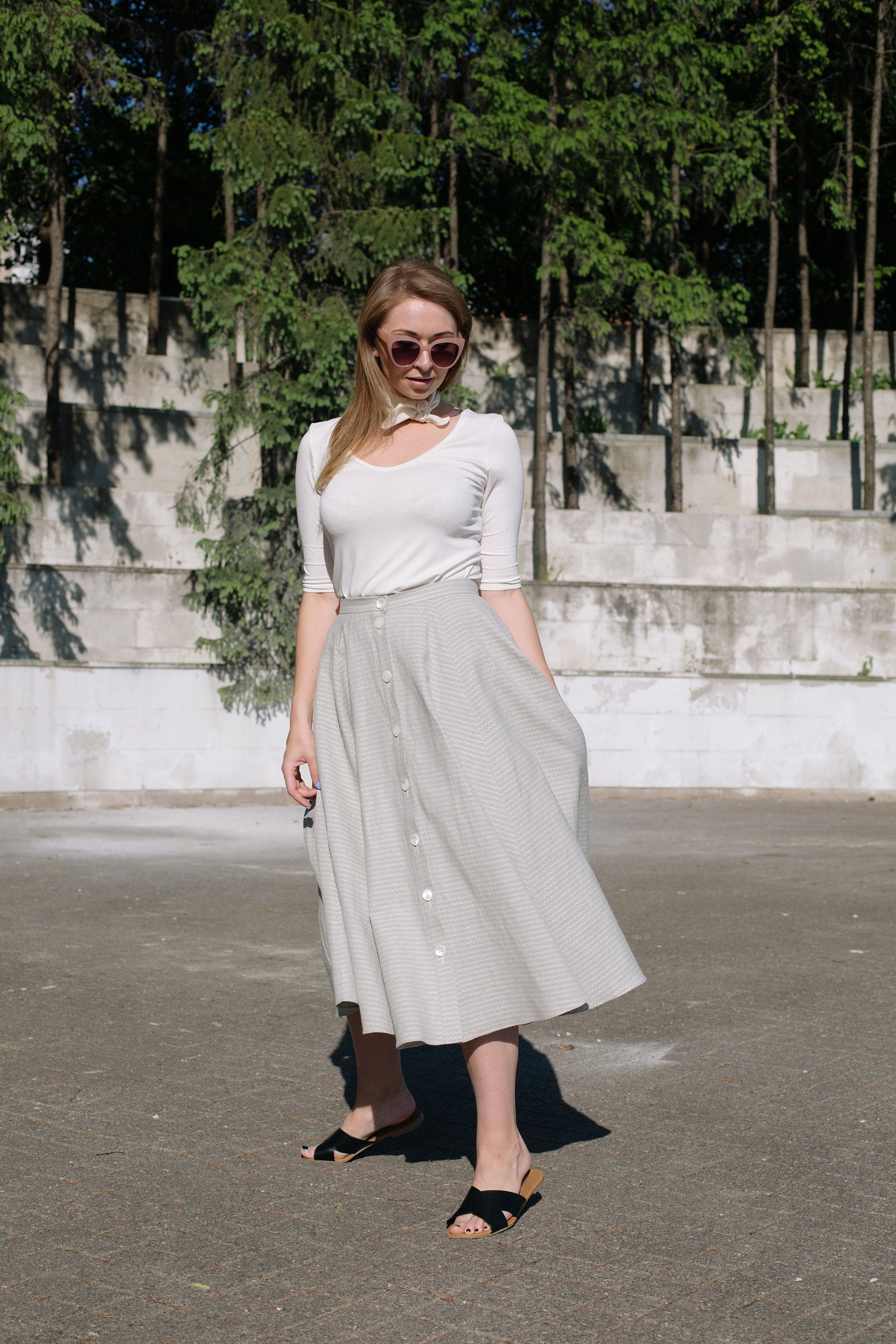 YOLAI Women A-Line Pleated Skirt Loose Button Down Business