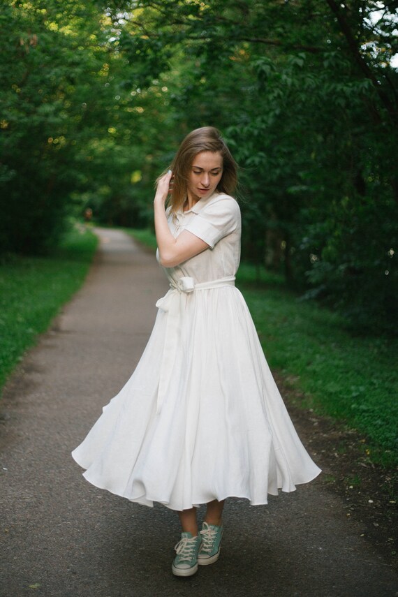 Linen Shirt Dress Wedding Dress White Linen Midi Dress Etsy