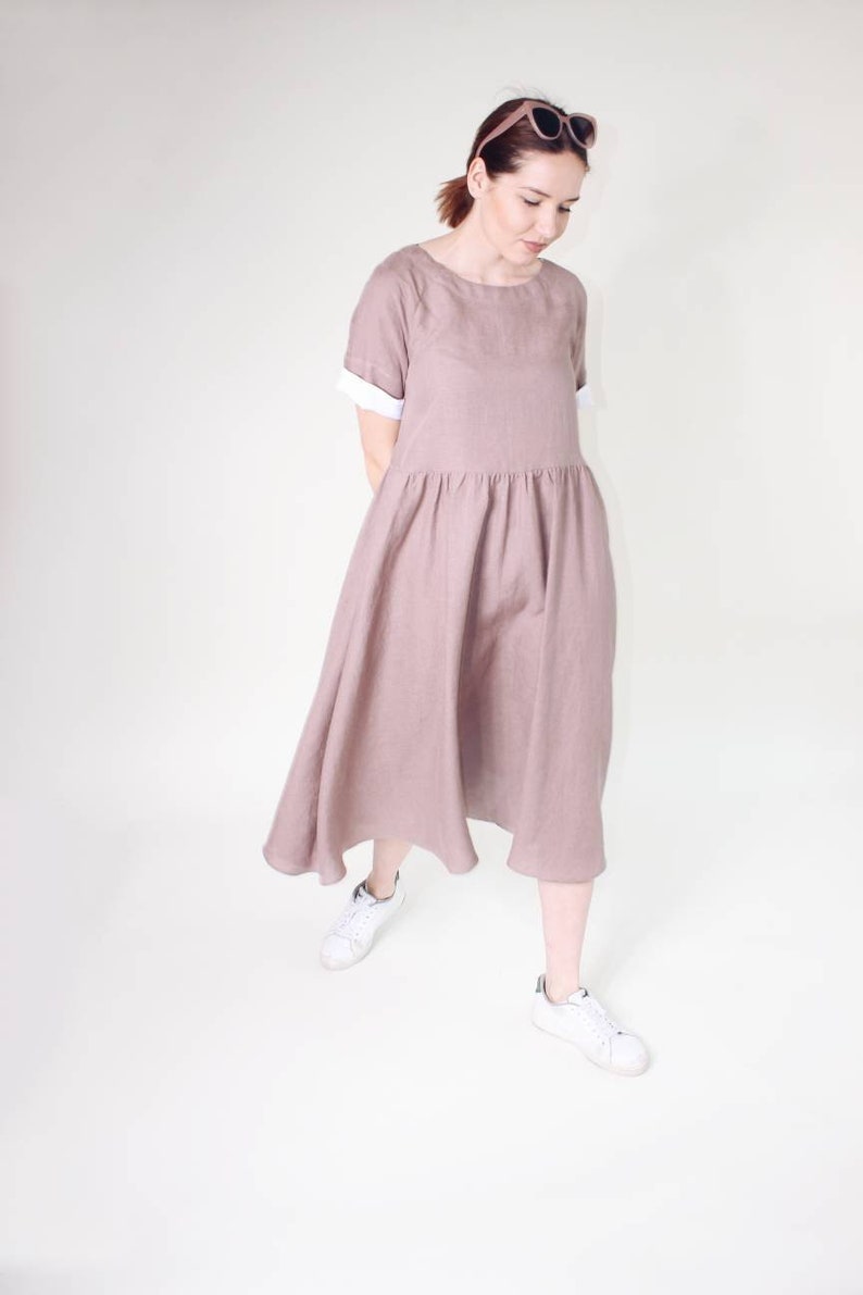 Summer smock linen dress, Casual summer midi dress, Everyday dress with pockets image 3