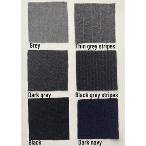 Color chart.
Available colors: grey, dark grey, black, thin grey stripes, black grey stripes, dark navy, dark green.