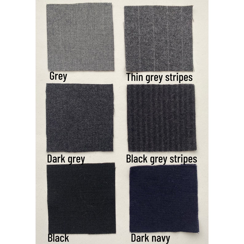 Color chart.
Available colors: grey, dark grey, black, thin grey stripes, black grey stripes, dark navy, dark green.