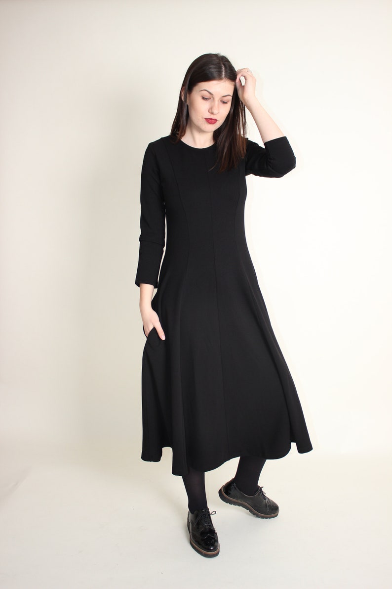Little Black Dress With Pockets, Fit and Flare Jersey Dress, Black Midi