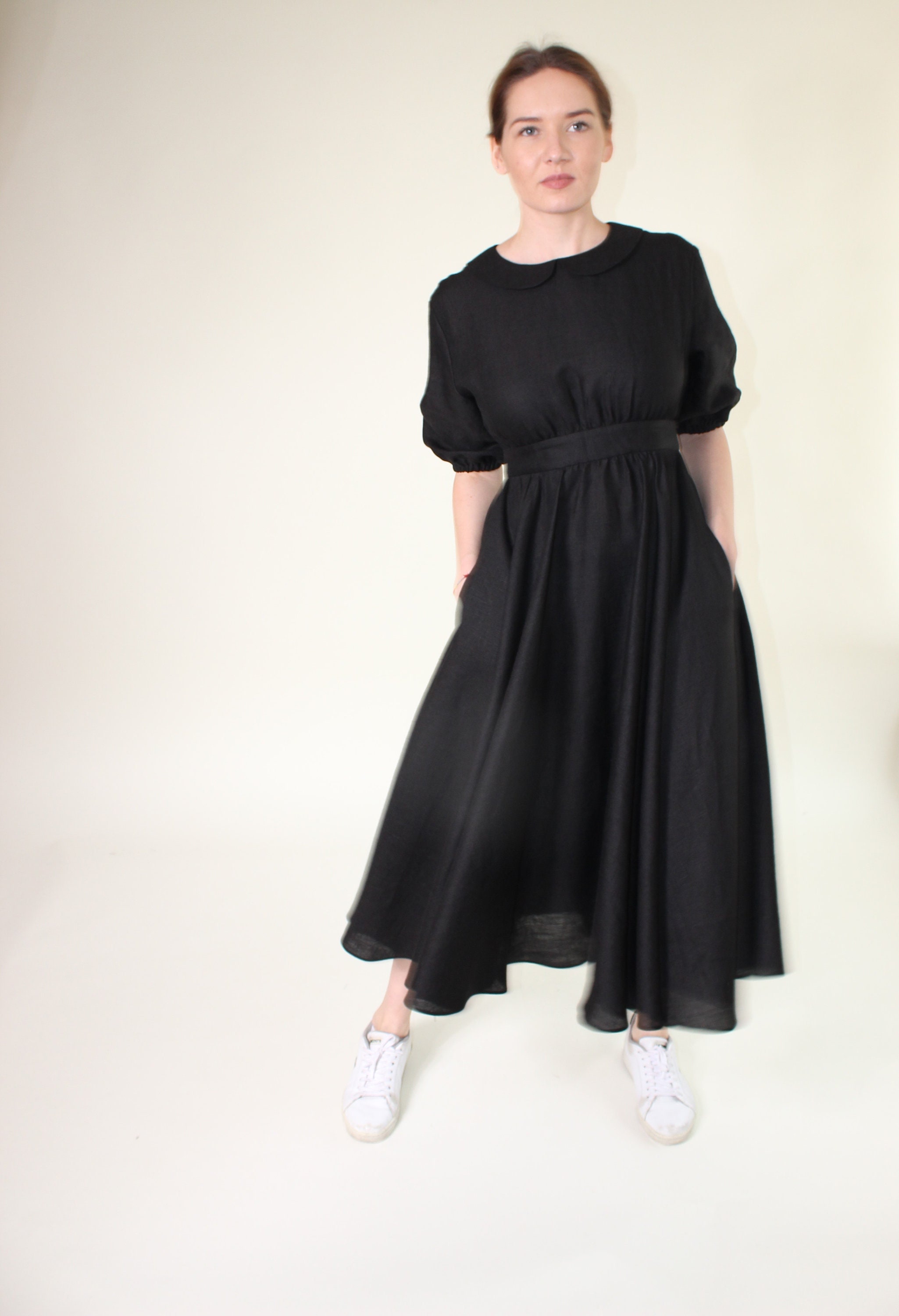 Organic Linen Dress With Pockets Peter Pan Collar High Waist - Etsy