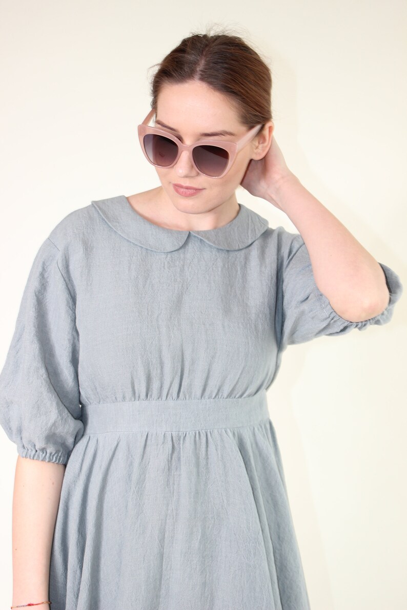 Dusty Blue Empire Waist Dress, Peter Pen Collar Linen Summer Dress With