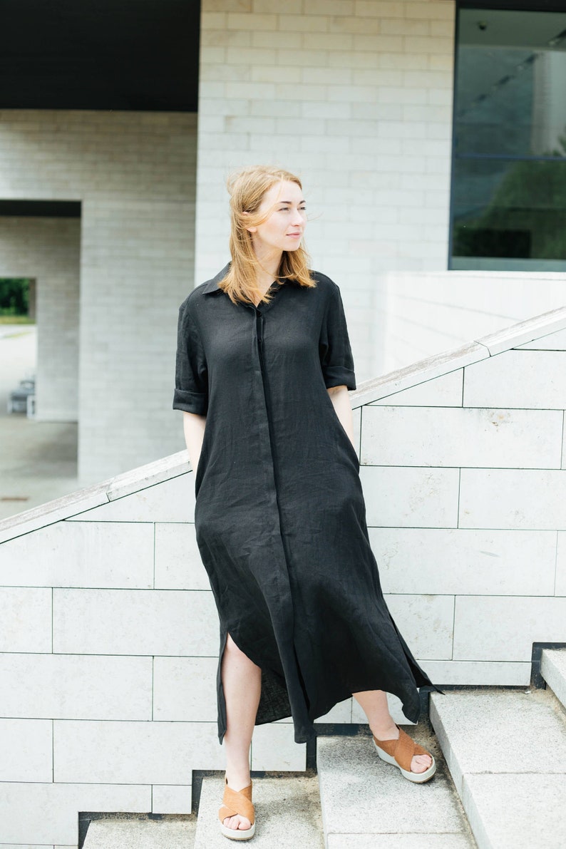 Black linen dress with pockets, Plus size loose fit dress, Linen maxi dress, Simple shirtdress image 5