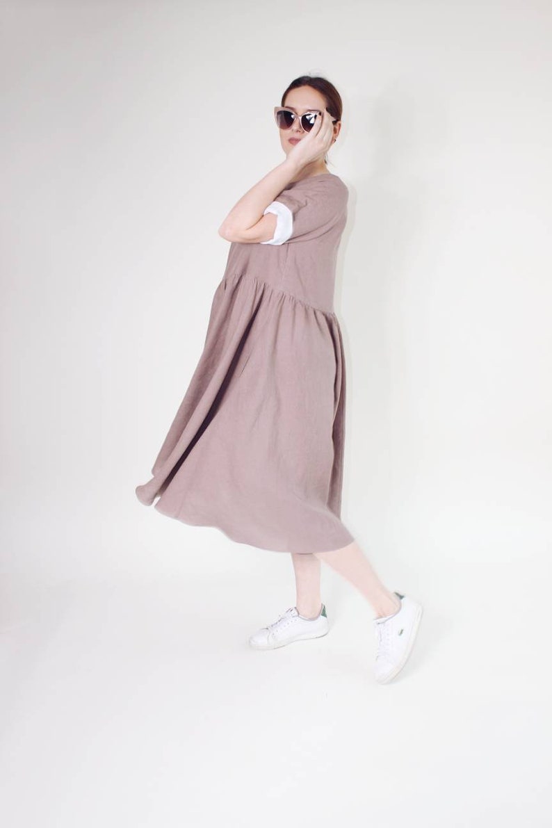 Summer smock linen dress, Casual summer midi dress, Everyday dress with pockets image 6