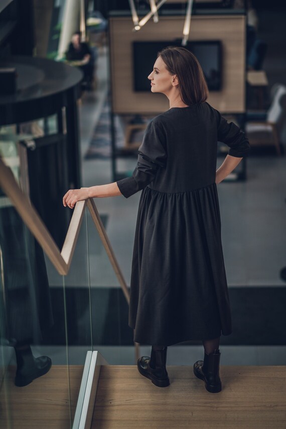 Full Length Wool Dress, Winter Maxi Dress for Office, Casual Black Dress,  Long Tunic Dress With Pockets