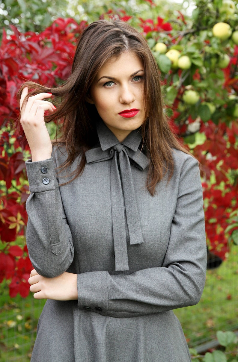 Elegant wool button up shirt dress. Dress has additional bow tie for more romantic look.