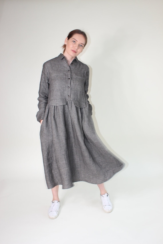 Linen Pockets Semi-Sheer Long Sleeve Dress