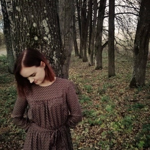 Long sleeve viscose dress, Feminine boho dress with belt, Vintage style knee length dress