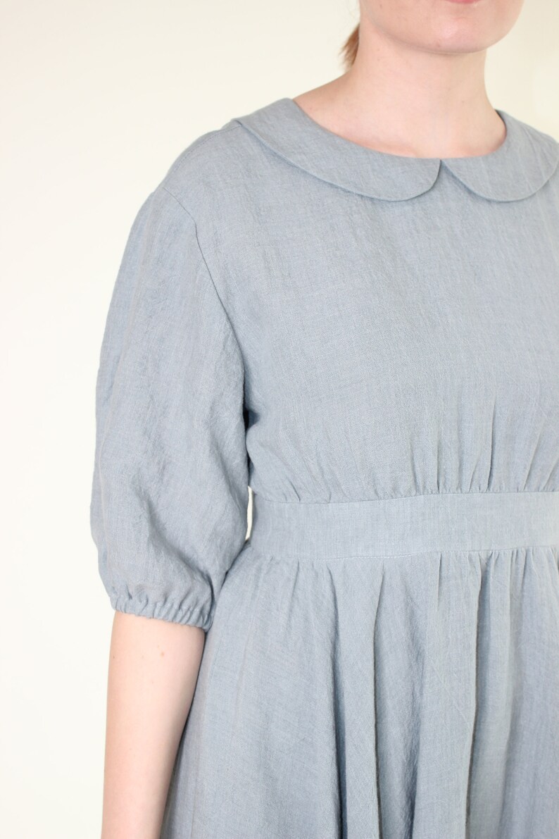 Dusty Blue Empire Waist Dress, Peter Pen Collar Linen Summer Dress With Pockets, Vintage Style