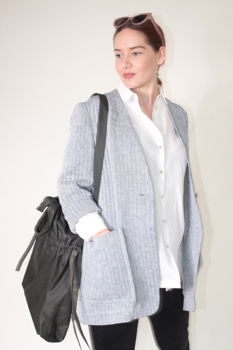 Linen jacket women, Heavy linen jacket, Summer blazer with pockets image 2