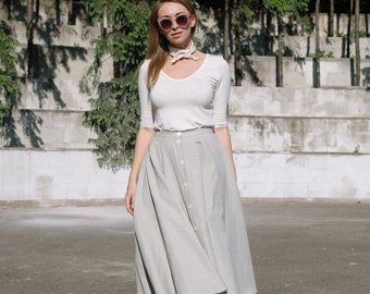 High waist linen skirt with pockets, Full circle linen midi skirt, Button down linen skirt