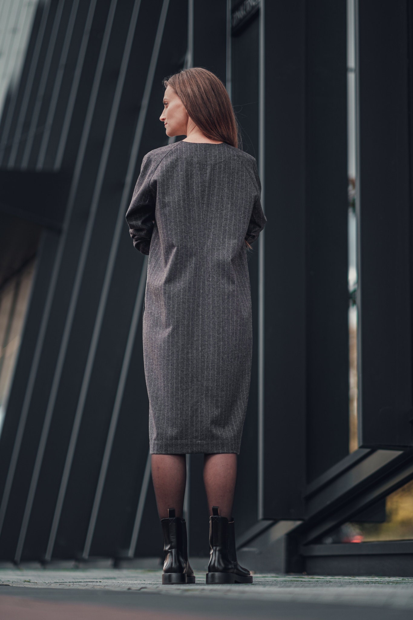 slim fit dress slacks Rebecca Taylor Gray Wool Blend Long Sleeve Shift Dress – SilkRoll main image 1