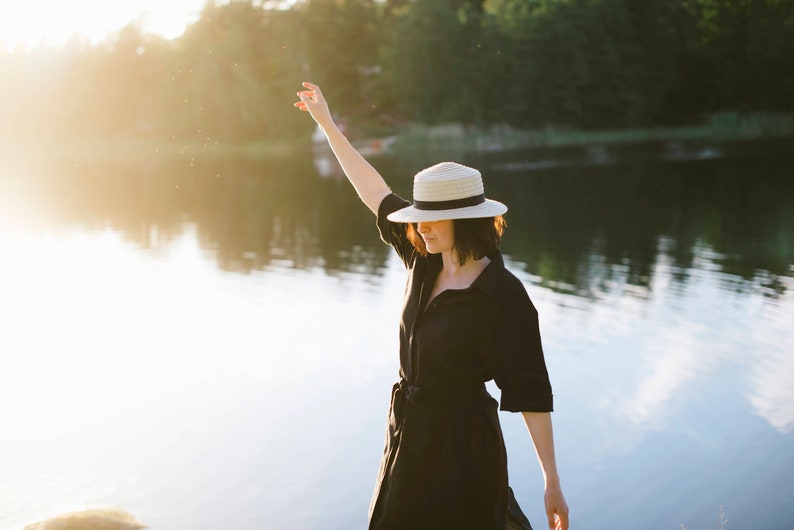 Black linen dress with pockets, Plus size loose fit dress, Linen maxi dress, Simple shirtdress image 3