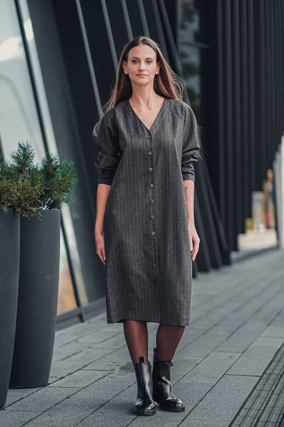 Fall Winter Dress, Grey Wool Dress, Business Casual Office Dress, Loose Fit  Everyday Dress, Wool Shift Dress, Button Down Dress - Etsy