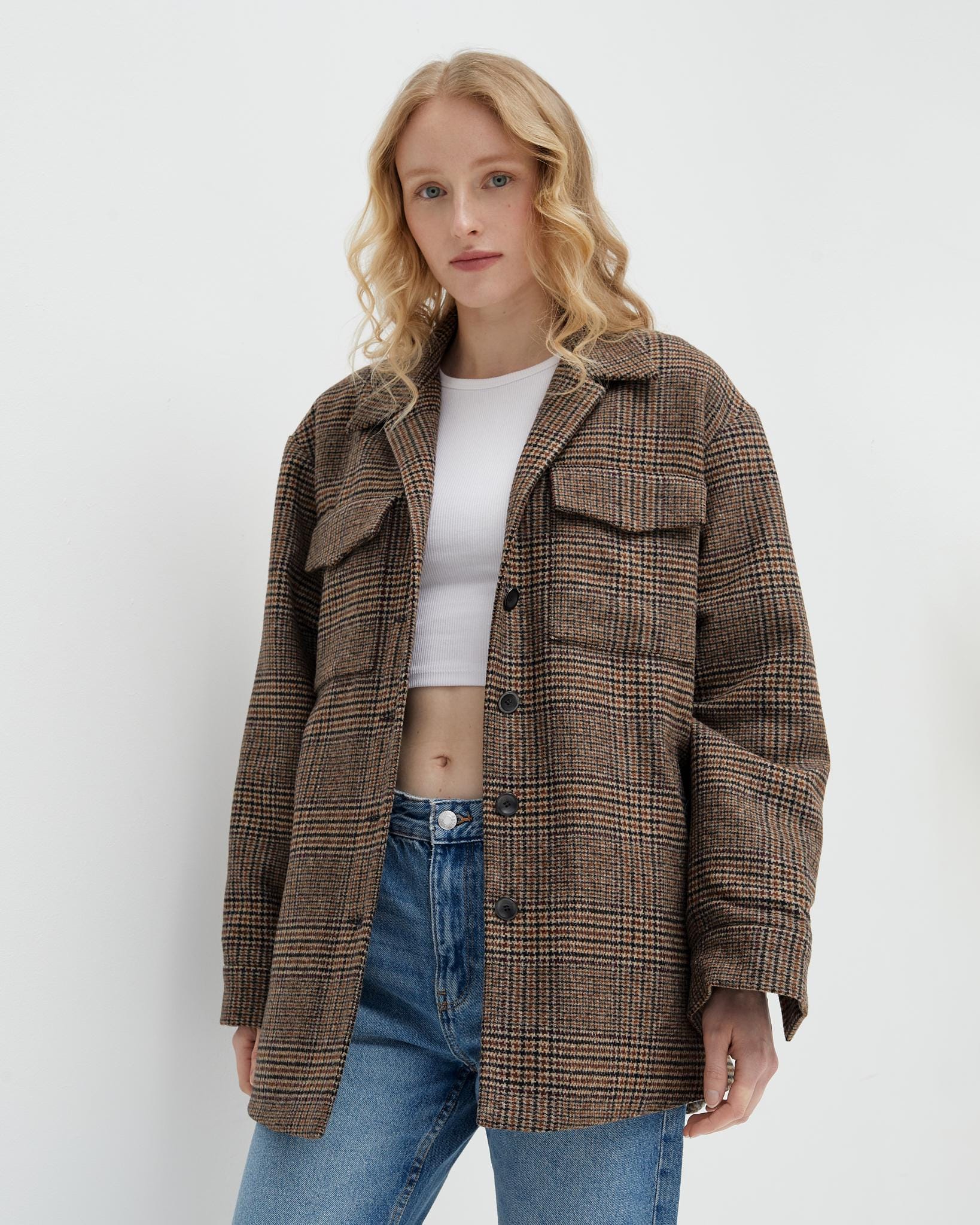 Chic Plaid Wool Shirt Jacket With Pockets, Short Wool Coat, Button Down Outerwear, Long Sleeve Fall Shirt - Etsy Chic Plaid Wool Shirt Jacket With Pockets, Short Wool Coat, Button Down Outerwear, Long Sleeve Fall Shirt - Etsy