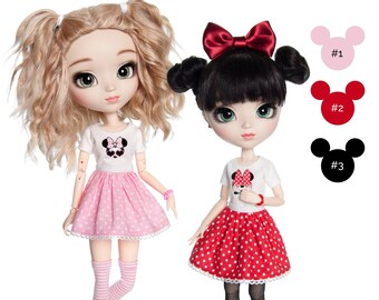 Set consisting of T-shirt with Minnie Mouse, dotted skirt and bracelet for Pullip, Blythe, Obitsu 22/24/25/26/27 and similar 1/6 dolls