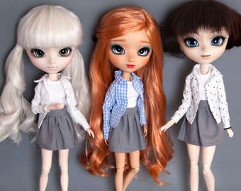 3 piece set Gray skirt, T-Shirt, Shirt with collar for Pullip, Pure Neemo, Azone, Blythe, Dal, Obitsu 27 dolls