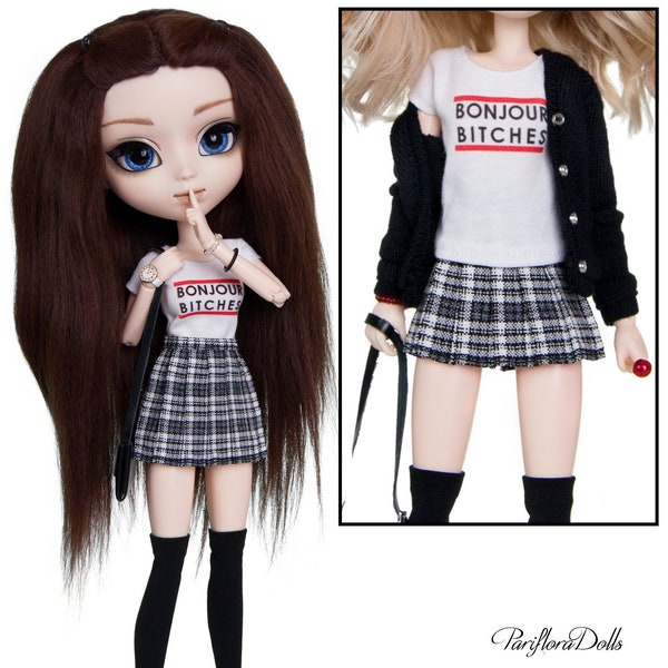 Rebellous and Stylish set consisting of t-shirt, cozy sweater, accordion skirt and socks for Pullip, Blythe, Obitsu dolls