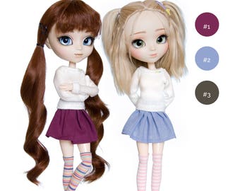 3 pieces set for Pullip, Pure Neemo, Azone, Blythe, Dal, Obitsu dolls (sweater, skirt and socks)