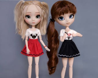 T-shirt with Minnie, Miki Mouse, skirt and bracelet for Pullip, Pure Neemo, Azone, Blythe, Dal, Obitsu 27 soft, Obitsu 23 dolls