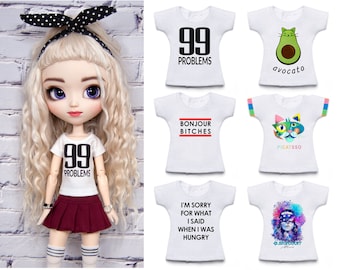 Stylish  unique  printed t-shirt for Blythe, Pullip, Obitsu 24/26/27, Pure Neemo and similar 1/6 scale dolls PT0001