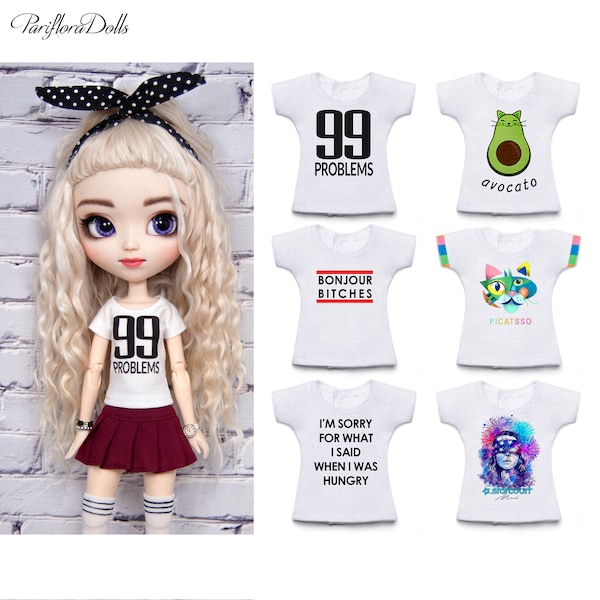 Stylish  unique  printed t-shirt for Blythe, Pullip, Obitsu 24/26/27, Pure Neemo and similar 1/6 scale dolls PT0001