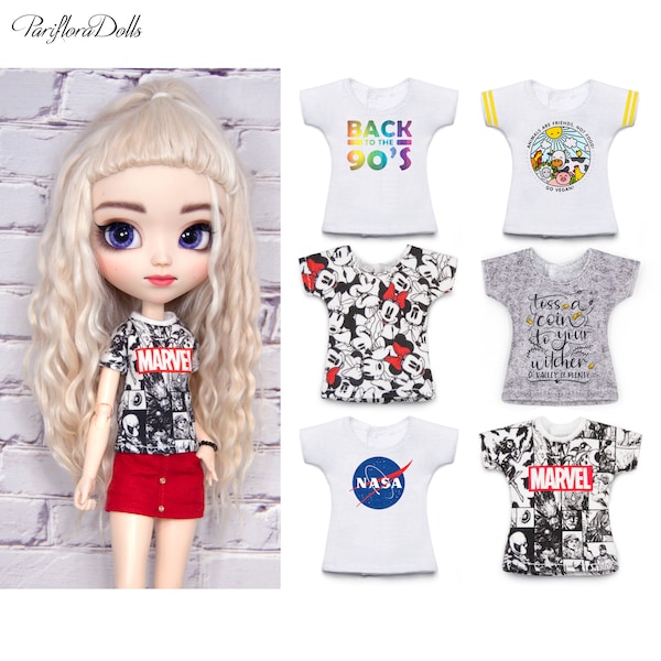 Stylish  unique  printed t-shirt for Blythe, Pullip, Obitsu 24/26/27, Azone Pure Neemo dolls PT0001