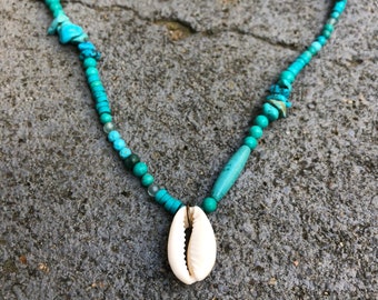 Turquoise Necklace, natural Turquoise stone, gemstone necklace, beaded necklace, boho jewellery, hippie jewelry, Cowrie Shell, Gaia.