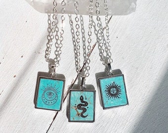 Turquoise Pendant Necklace Rectangle Charm Necklace Sun Moon Eye Charms