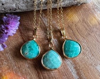 Amazonite Necklace Vibrant Amazonite Crystal Pendant faceted gemstone pendant paired with gold plated 18” chain