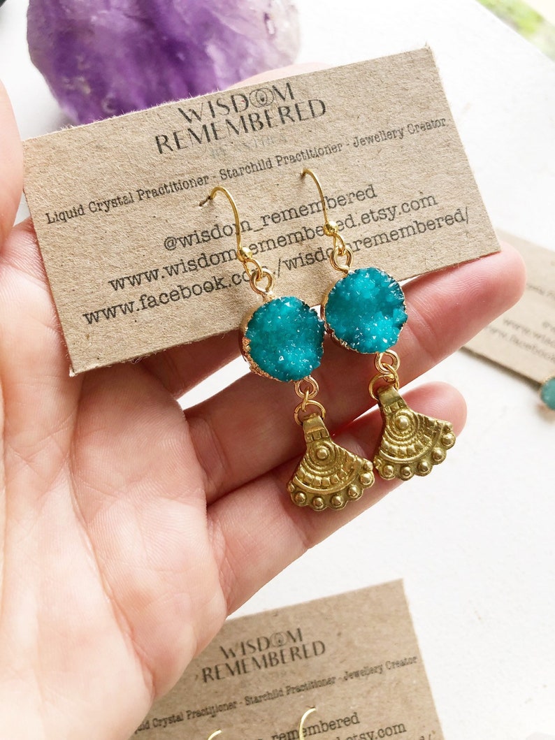 Druzy Brass Earrings Brass Charm Earrings Festival Jewellery Festival Jewels Gypsy Earrings Blue Boho Earrings Oracle Earrings