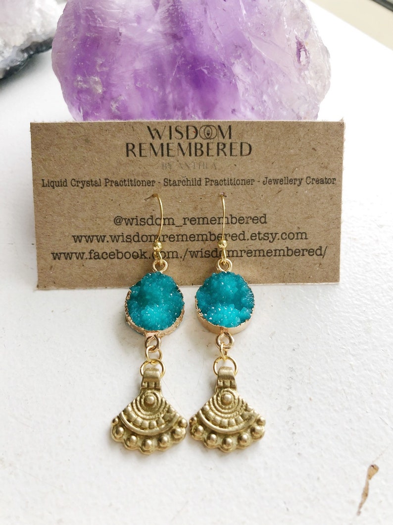 Druzy Brass Earrings Brass Charm Earrings Festival Jewellery Festival Jewels Gypsy Earrings Blue Boho Earrings Oracle Earrings