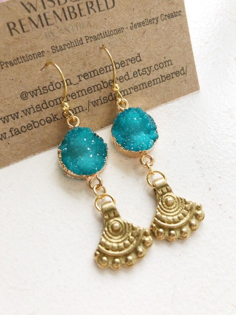 Druzy Brass Earrings Brass Charm Earrings Festival Jewellery Festival Jewels Gypsy Earrings Blue Boho Earrings Oracle Earrings