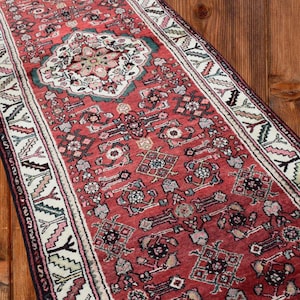 4x14 Vintage Tribal Runner Rug, Handmade Wool Carpet, Geometric Design, Semi-Antique Hand Knotted Kurdish Oriental Caucasian Rug 3&#39;4 x 13&#39;9