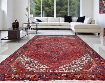 Vintage Azerbaijani Handmade Area Rug: Hand-Knotted Wool Carpet, Geometric Tribal Design, 8'2 x 11'2