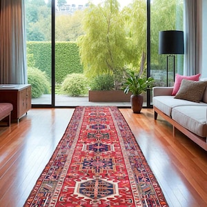 Rug Runner. Hand Knotted Handmade Wool Tribal Runner Carpet 3&#39;5 x 14&#39;10 Geometric Design Vintage Semi - Antique Azerbaijani Caucasian 3 x 15