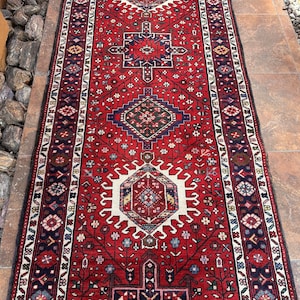 Rug. Tribal Rug Runner. Vintage Semi-Antique Geometric Design Oriental Caucasian Hand Knotted Handmade Wool Rug 3&#39;5 x 14&#39;3 Azerbaijan Carpet