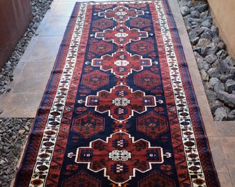 Semi-Antique Hand-Knotted Wool Carpet, Tribal Lencoran Runner Vintage Azerbaijani Rug 3'5 x 9'3