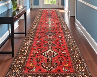 Vintage Caucasian Runner Wool Rug: 3'4 x 13'2 Tribal Animal Design Hand Knotted Carpet