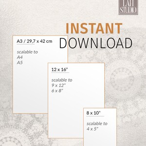 Puede incluir: Un gr&aacute;fico de descarga digital con el texto "INSTANT DOWNLOAD" en naranja. El gr&aacute;fico muestra tres tama&ntilde;os diferentes de impresiones de arte imprimibles con las dimensiones indicadas en pulgadas. Los tama&ntilde;os son 12 x 16 pulgadas, 9 x 12 pulgadas, 6 x 8 pulgadas, 8 x 10 pulgadas, 4 x 5 pulgadas.