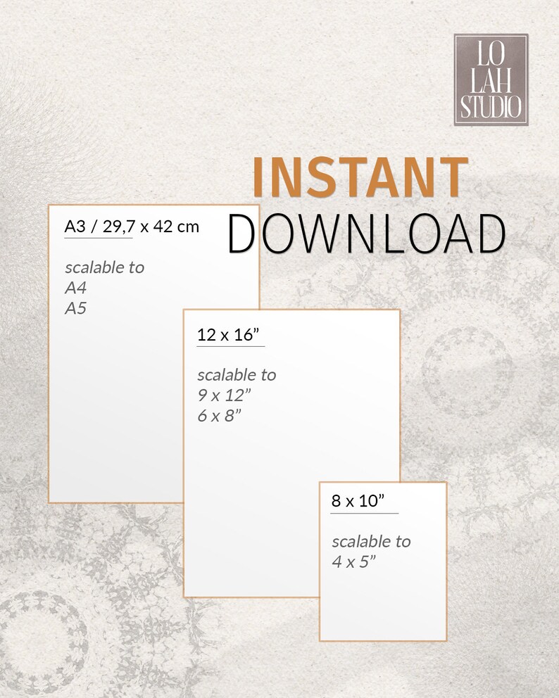 Puede incluir: Un gr&aacute;fico de descarga digital con el texto "INSTANT DOWNLOAD" en naranja. El gr&aacute;fico muestra tres tama&ntilde;os diferentes de impresiones de arte imprimibles con las dimensiones indicadas en pulgadas. Los tama&ntilde;os son 12 x 16 pulgadas, 9 x 12 pulgadas, 6 x 8 pulgadas, 8 x 10 pulgadas, 4 x 5 pulgadas.