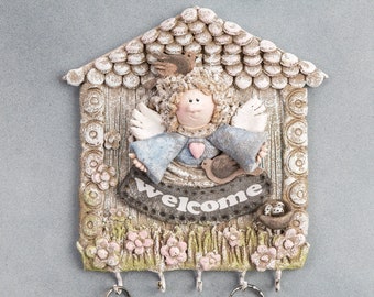 Clay key holder, Entryway hook wall organizer, Angel figurine panel, Welcome door sign