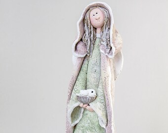 Clay angel sculpture| Guardian Angel with a bird | Guardian of Wellbeing | | Clay angel figurine|  Thoughtful Gift | Ceramic statue