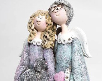 Clay angels figurine. Custom order. Mother daughter statue. Pets sculpture.