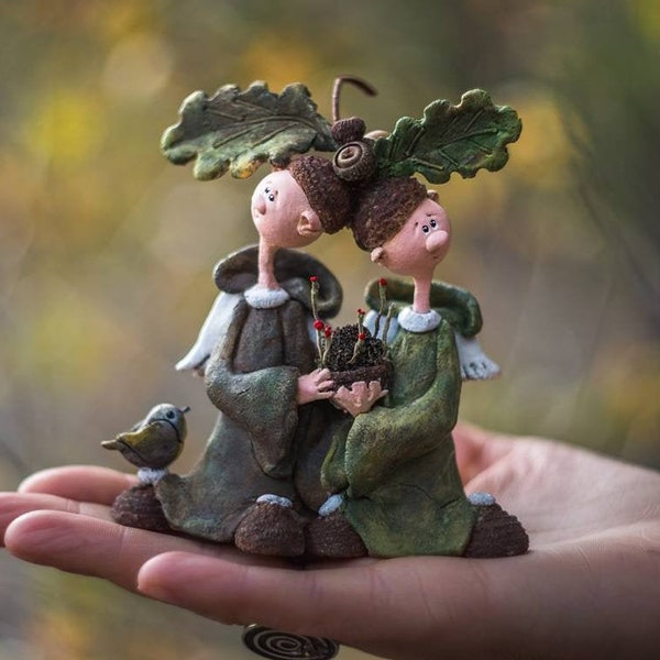 Clay Woodland angel figurine / Forest angel statue / Acorn fairy garden sculpture