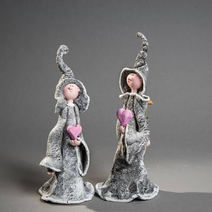 Clay Figurine with Heart, Ceramic Primitive Doll in pointy hat, Custom ceramic Sculpture in Wizard hat - unique Halloween gift
